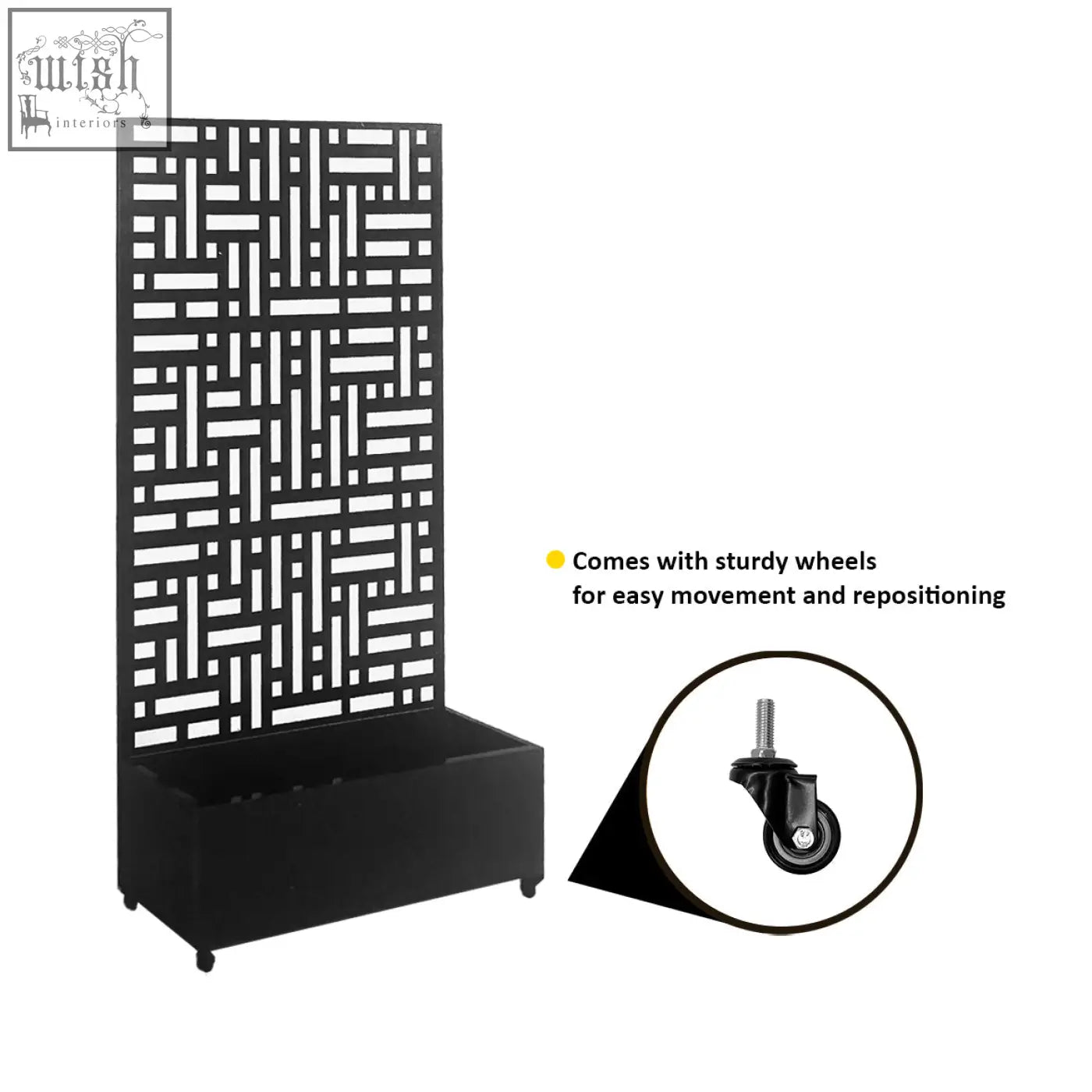 Black metal indoor outdoor privacy screen with geometric lattice top and wheeled base holding a planter