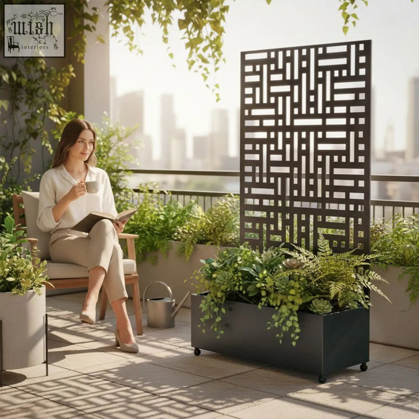 Black metal indoor outdoor privacy screen with geometric lattice design and attached plant pot 90cm x 180cm