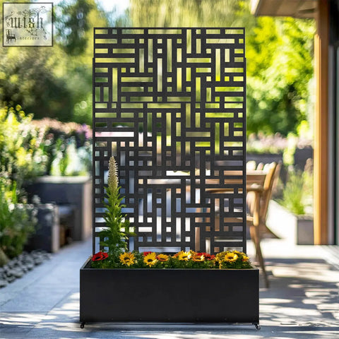 Black metal indoor outdoor privacy screen with geometric lattice design and integrated planter box at 90cm x 180cm