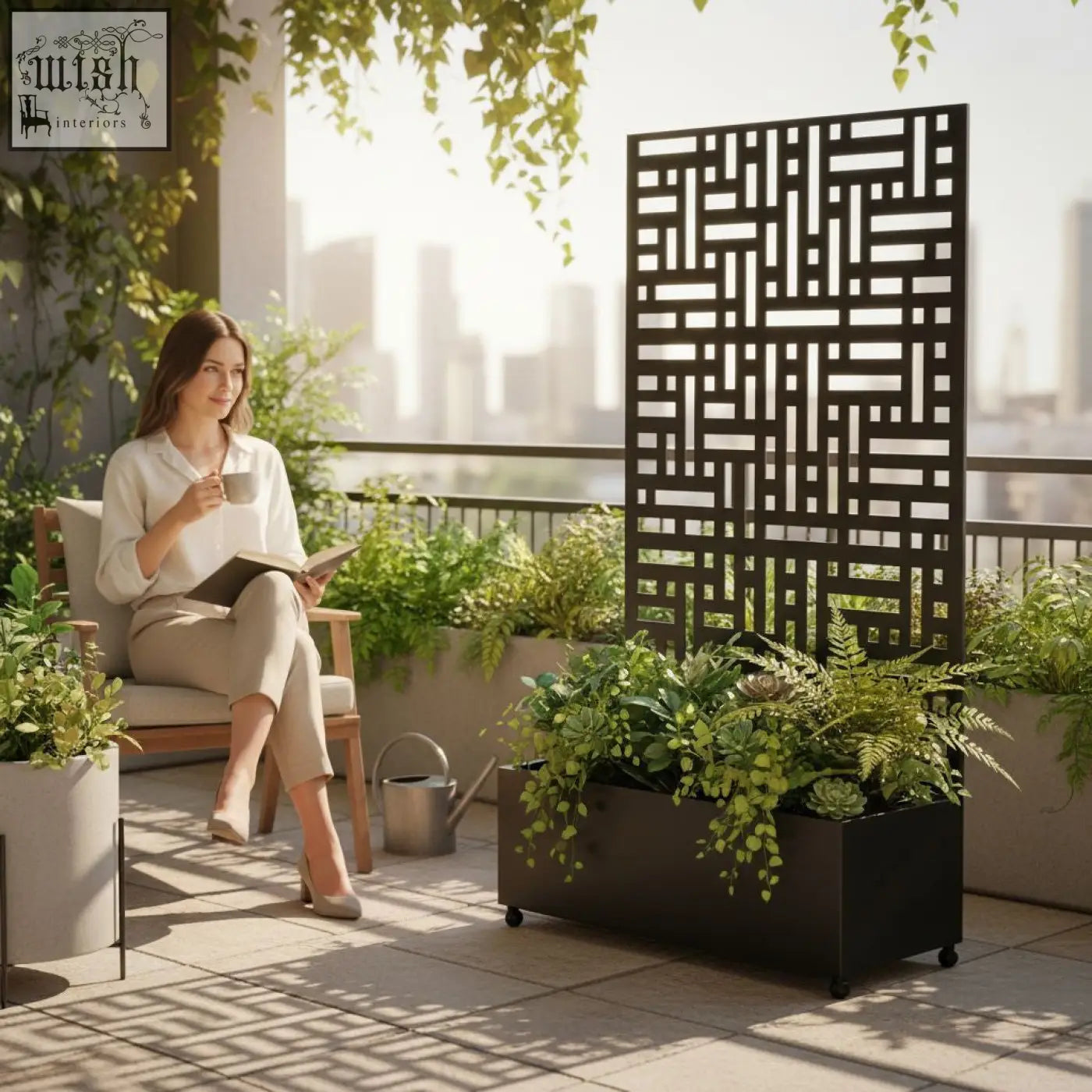 Black metal indoor outdoor privacy screen with geometric lattice design and plant pot 90cm x 180cm