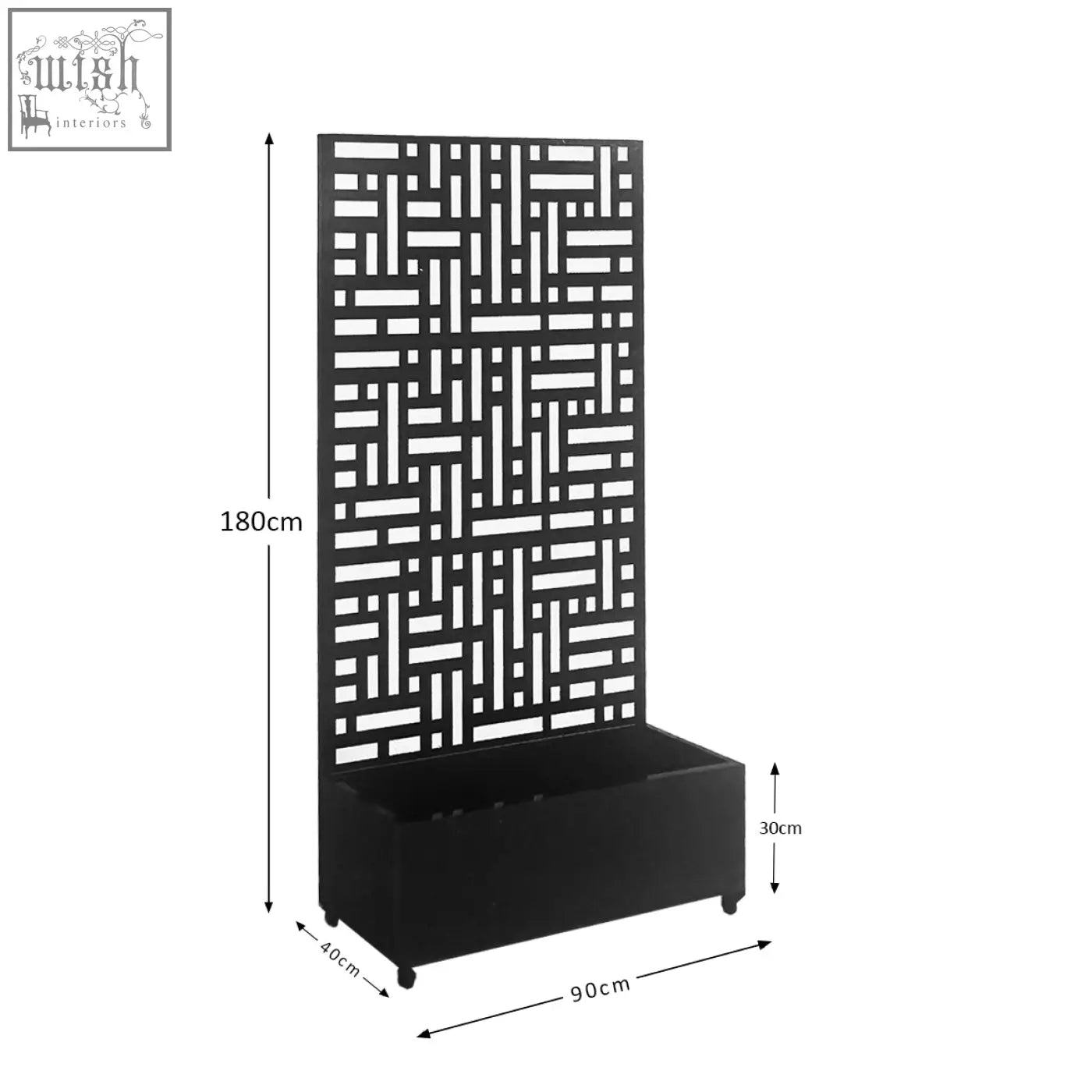 Black metal indoor outdoor privacy screen with geometric lattice and integrated planter base 90cm x 180cm