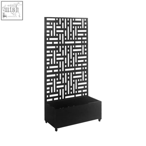 Black metal indoor outdoor privacy screen with geometric lattice pattern and integrated planter base 90cm x 180cm