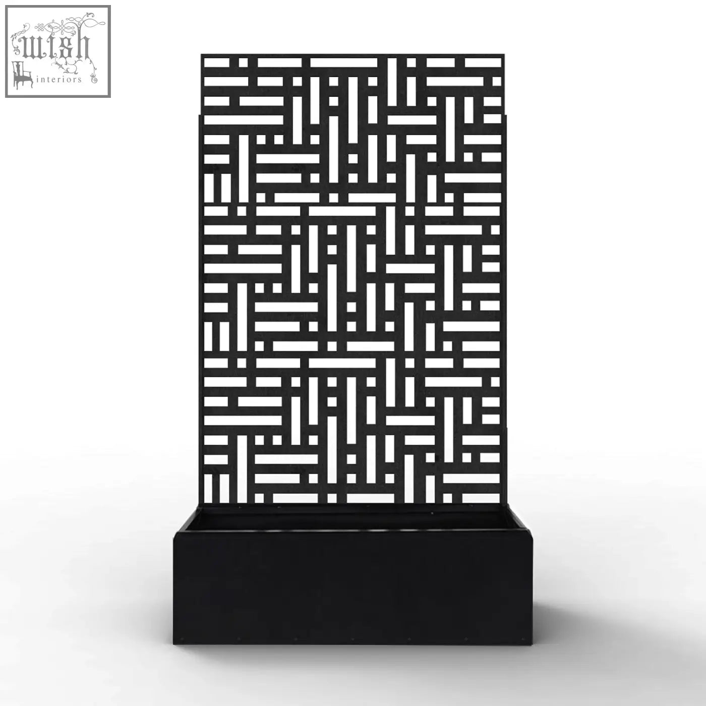 Black metal indoor outdoor privacy screen with geometric lattice pattern and rectangular base with plant pot