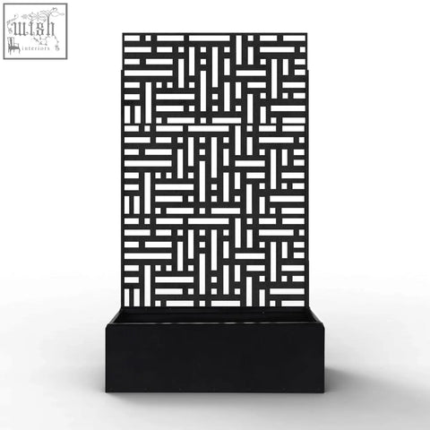 Black metal indoor outdoor privacy screen with geometric lattice pattern and rectangular base with plant pot