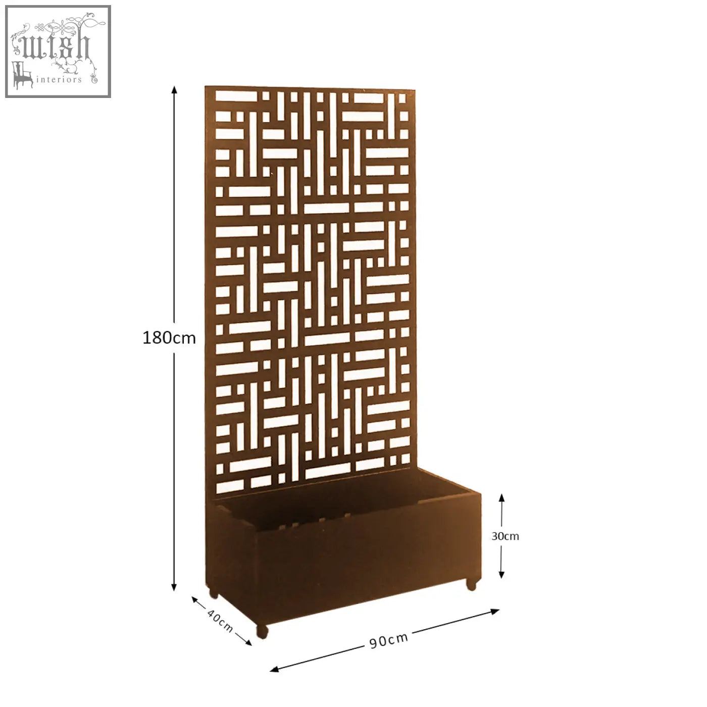 Brown metal indoor outdoor privacy screen with geometric lattice pattern and integrated planter base 90cm x 180cm