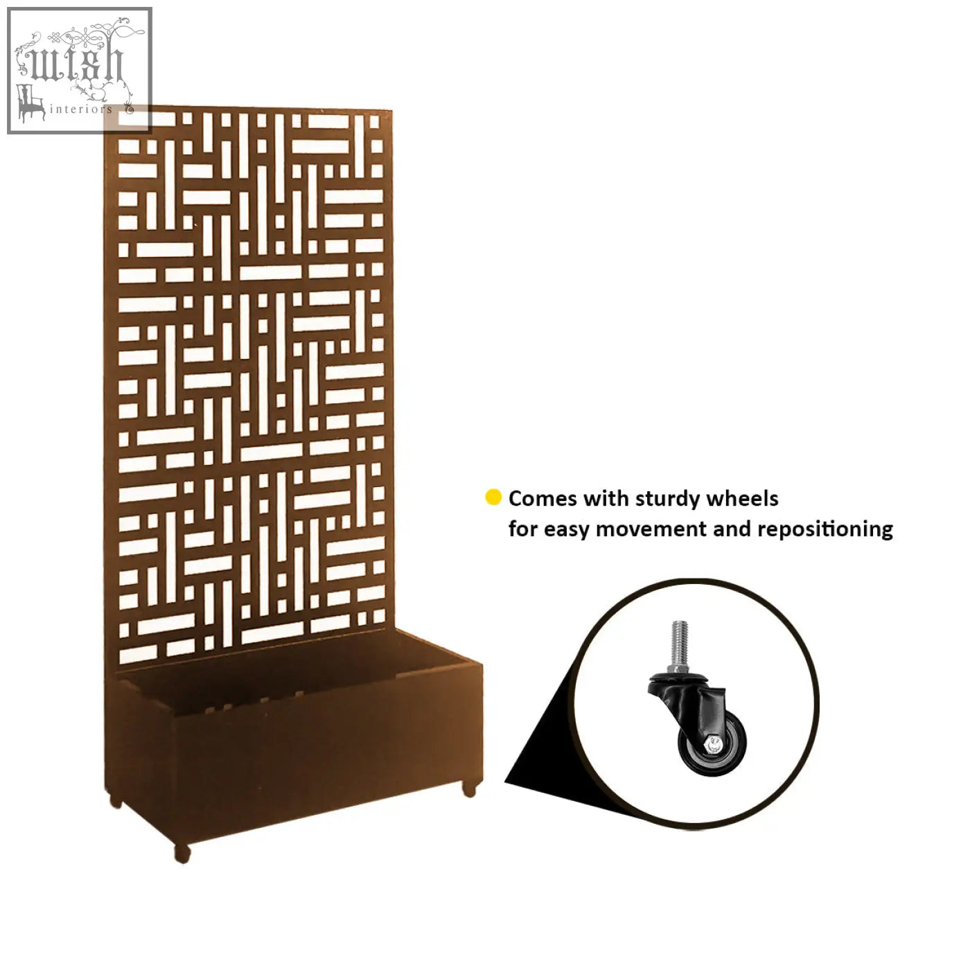 Brown metal indoor outdoor privacy screen planter with geometric lattice top and sturdy wheels 90cm x 180cm