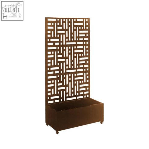 Brown metal indoor outdoor privacy screen with geometric lattice pattern and planter box 90cm by 180cm
