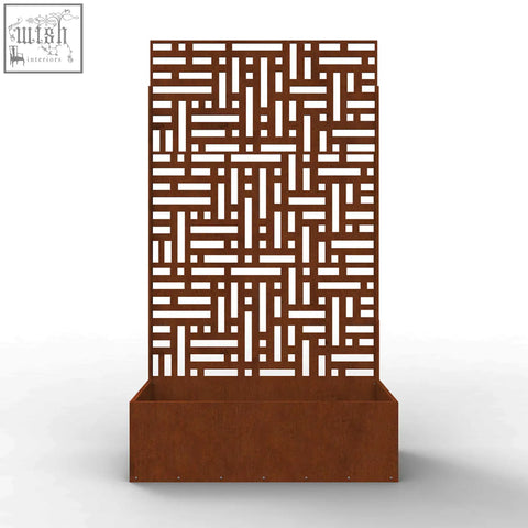 Rust-colored metal indoor outdoor privacy screen with geometric cutout pattern and integrated planter base 90x180cm