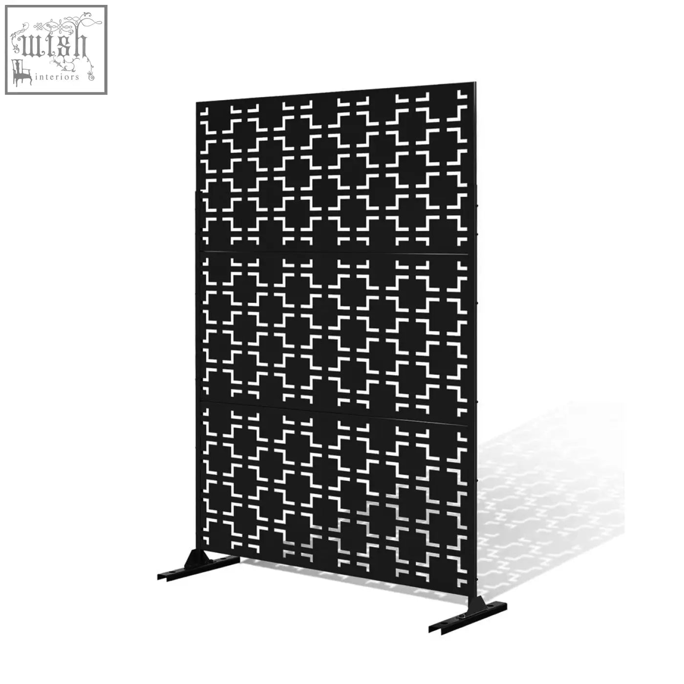Black metal indoor outdoor privacy screen with geometric lattice pattern on stand 120cm x 180cm squares