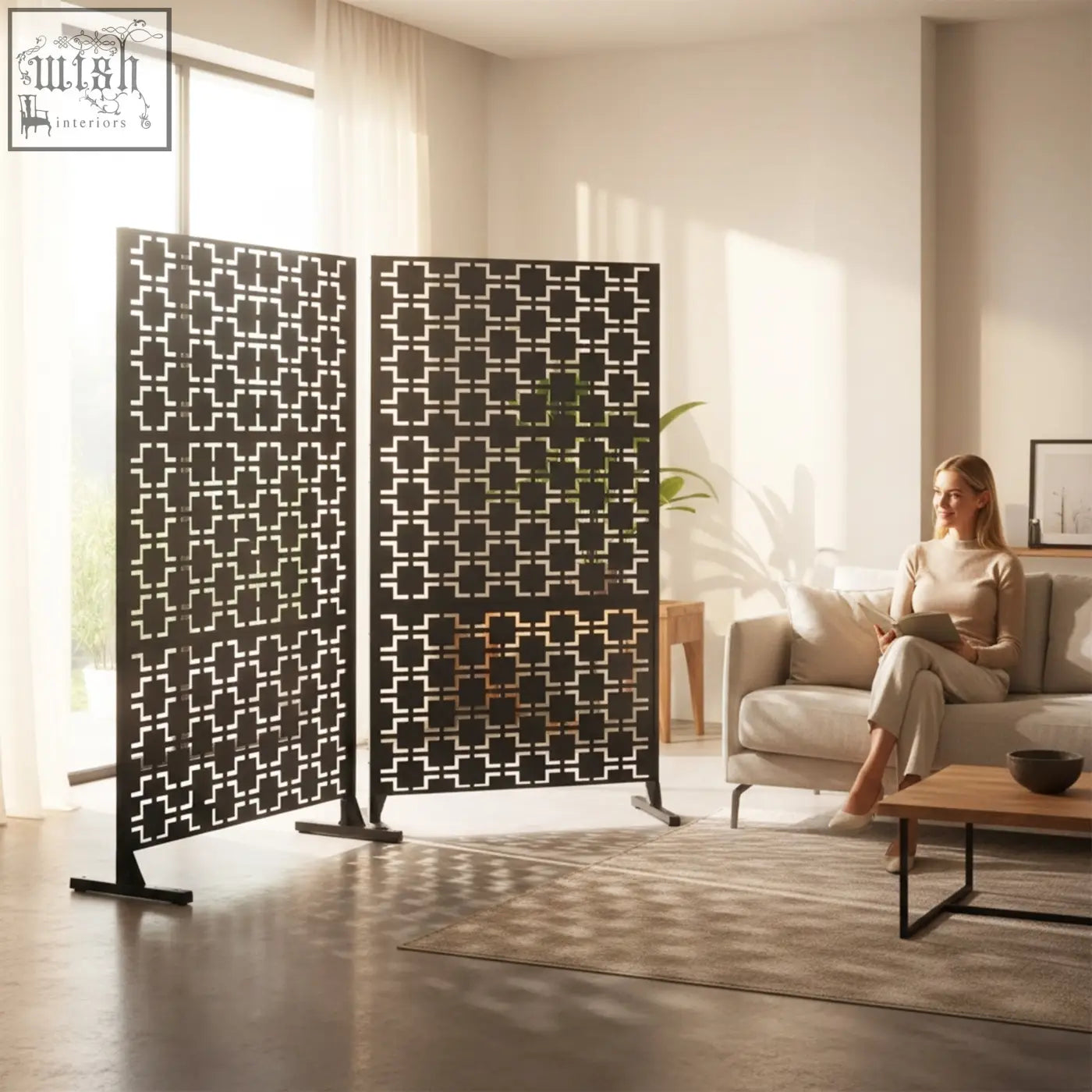 Black metal indoor outdoor privacy screen with geometric square cutouts and stand 120cm x 180cm