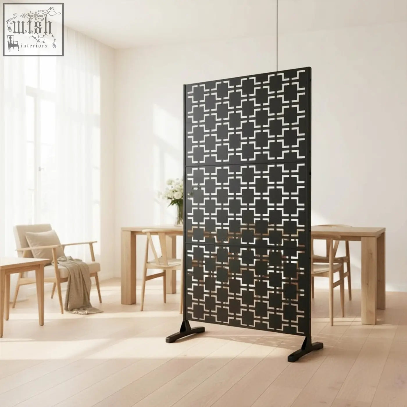 Black metal indoor outdoor privacy screen with geometric squares cutout pattern and stand 120cm x 180cm