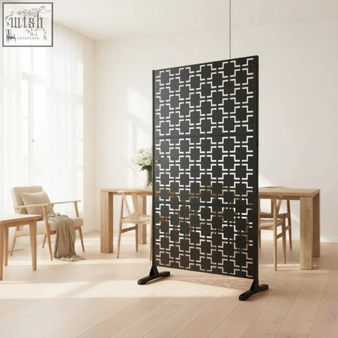Black metal indoor outdoor privacy screen with geometric squares cutout pattern and stand 120cm x 180cm