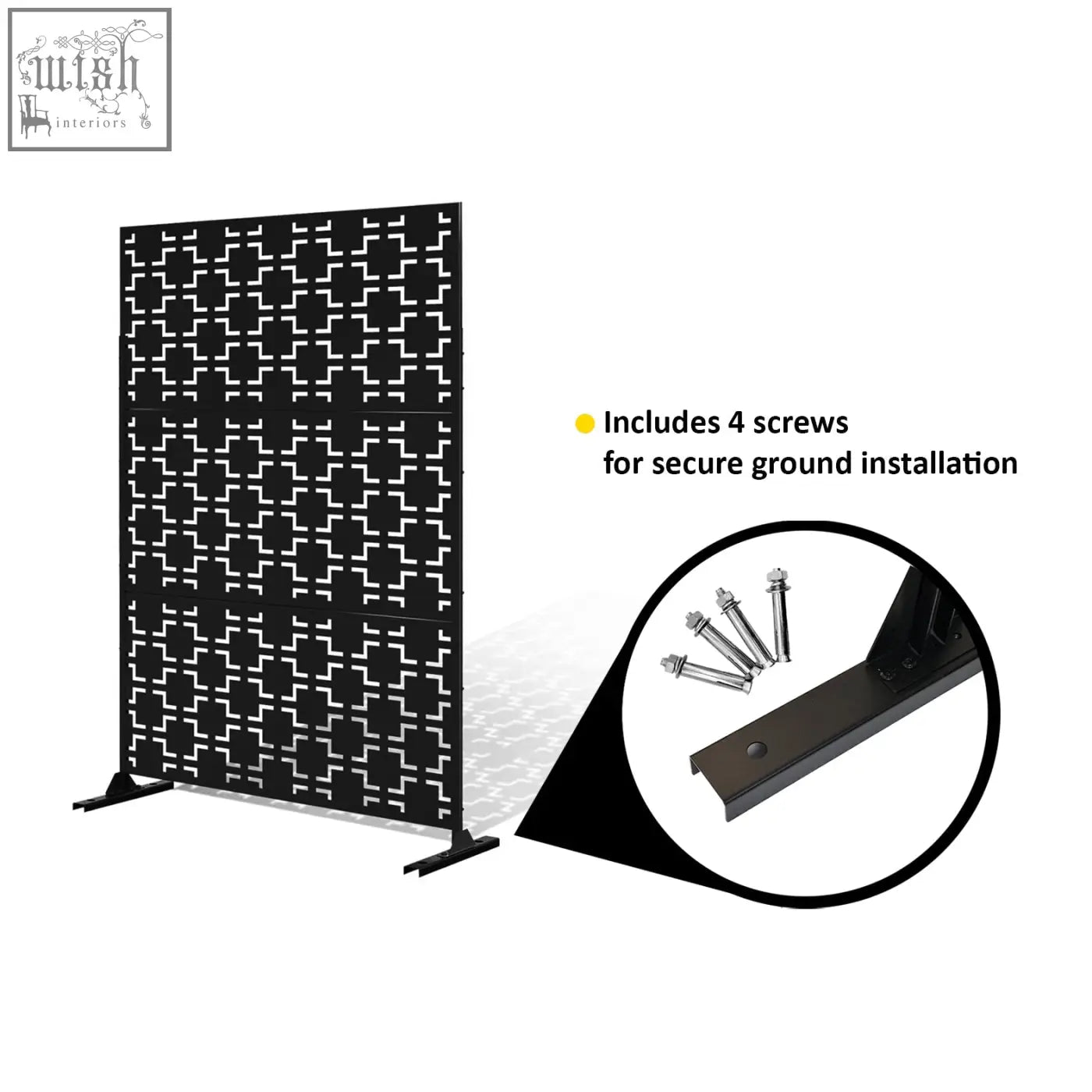 Black metal indoor outdoor privacy screen with stand featuring a repeating geometric squares cutout pattern