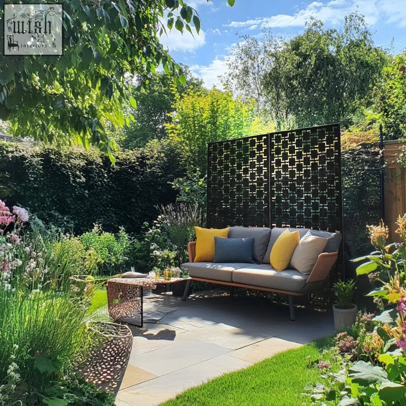 Modern outdoor sofa with light gray cushions next to a warm wood tone metal indoor outdoor privacy screen with squares