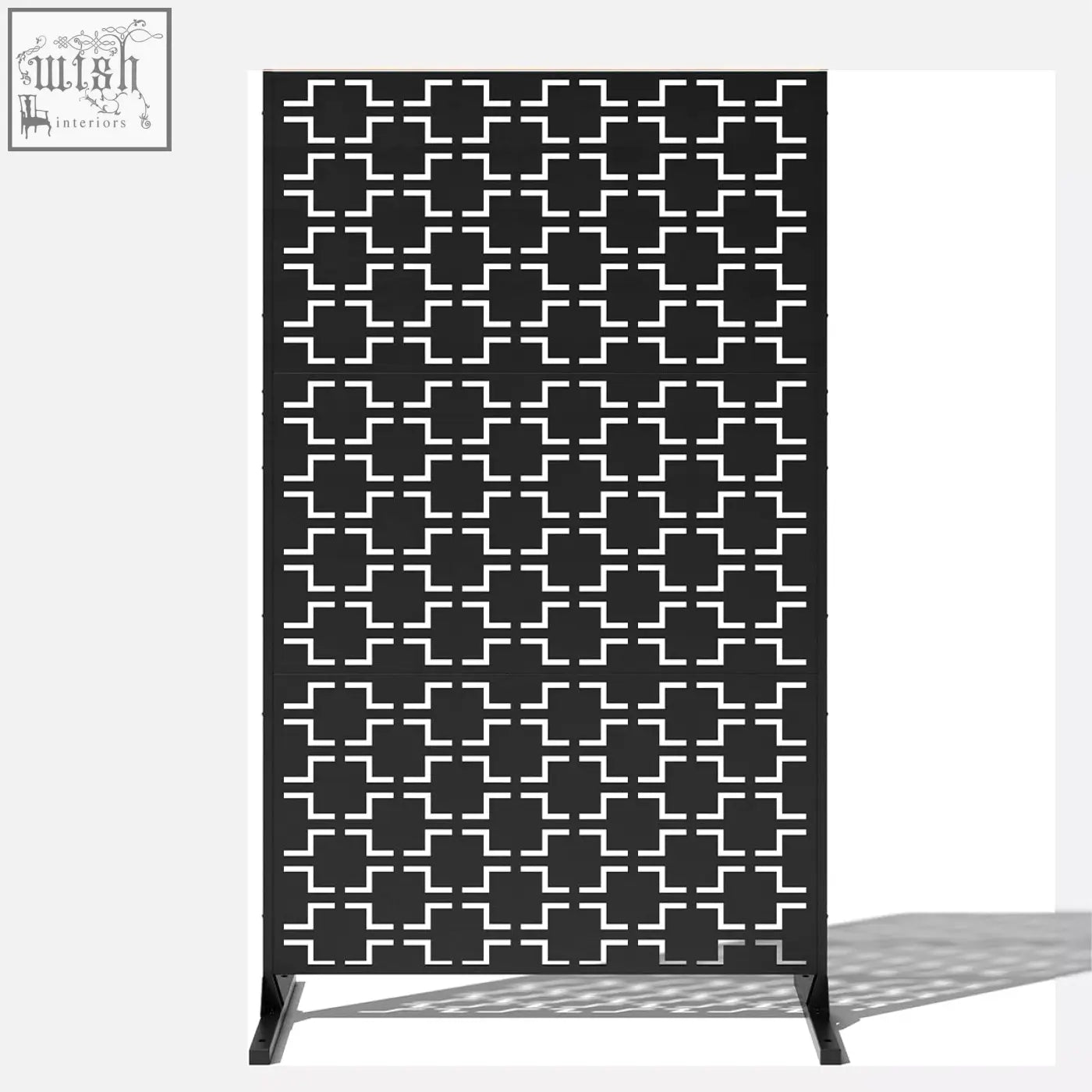 Black metal indoor outdoor privacy screen with geometric lattice pattern and stand 120cm by 180cm squares