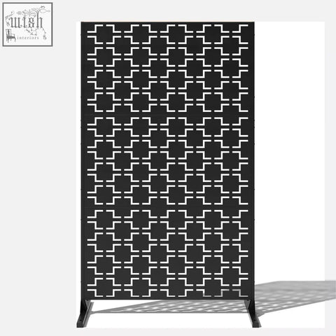 Black metal indoor outdoor privacy screen with geometric lattice pattern and stand 120cm by 180cm squares