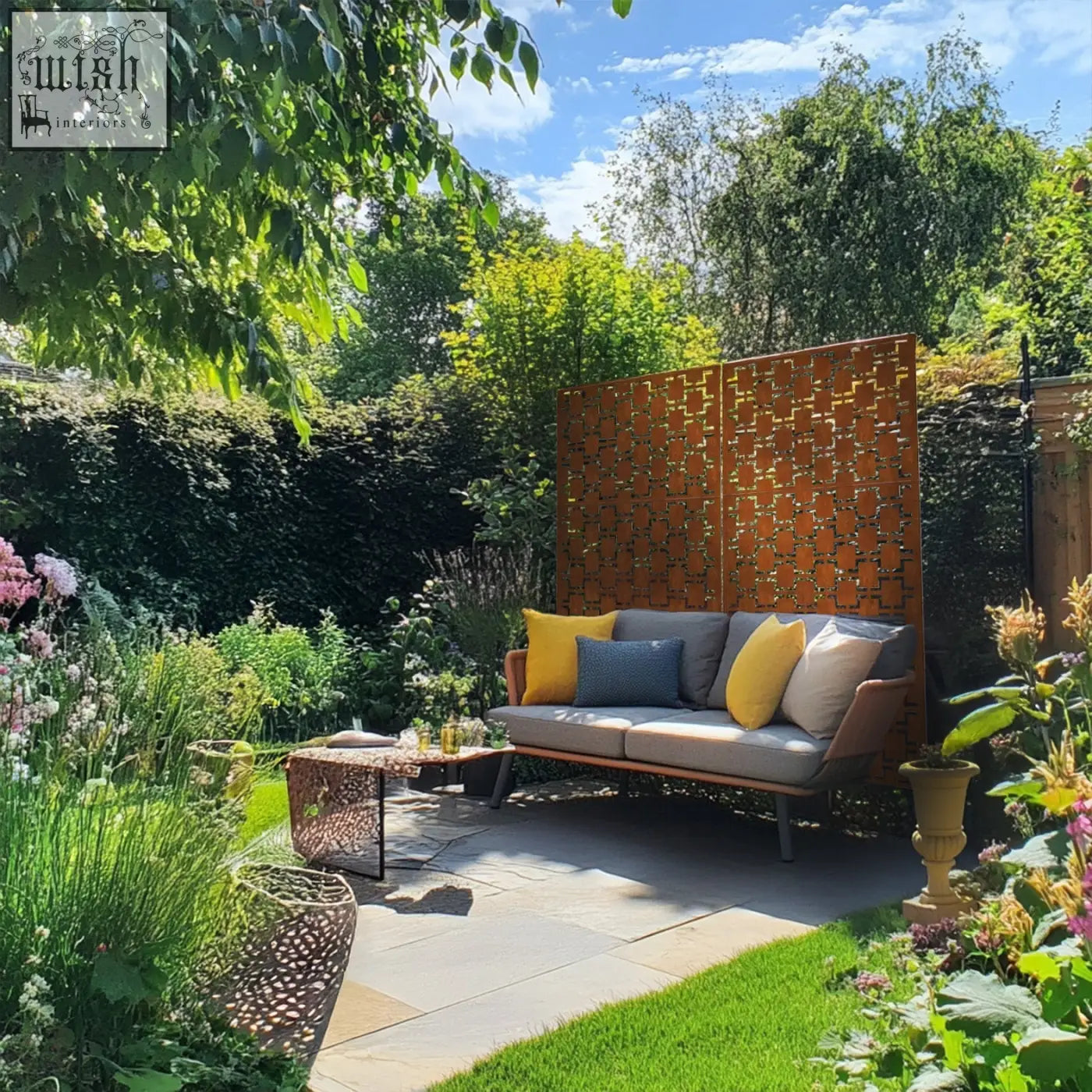 A metal indoor outdoor privacy screen with a copper finish stands behind a modern sofa with gray cushions and colorful pillows