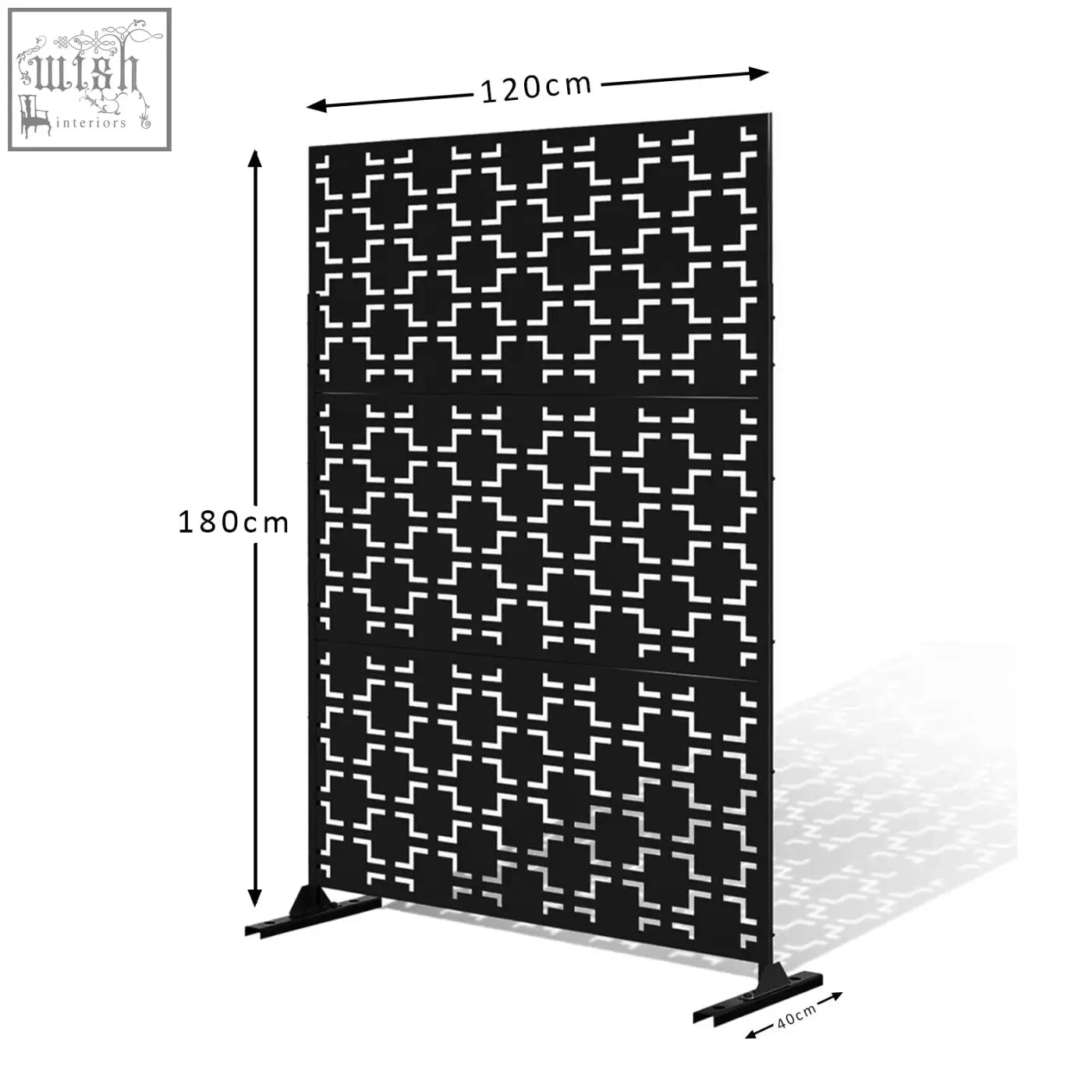 Black metal indoor outdoor privacy screen with geometric lattice pattern and stand 120cm x 180cm for indoor outdoor privacy