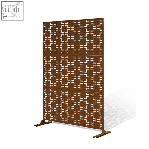 Brown metal indoor outdoor privacy screen with geometric lattice stand 120cm x 180cm for indoor outdoor use