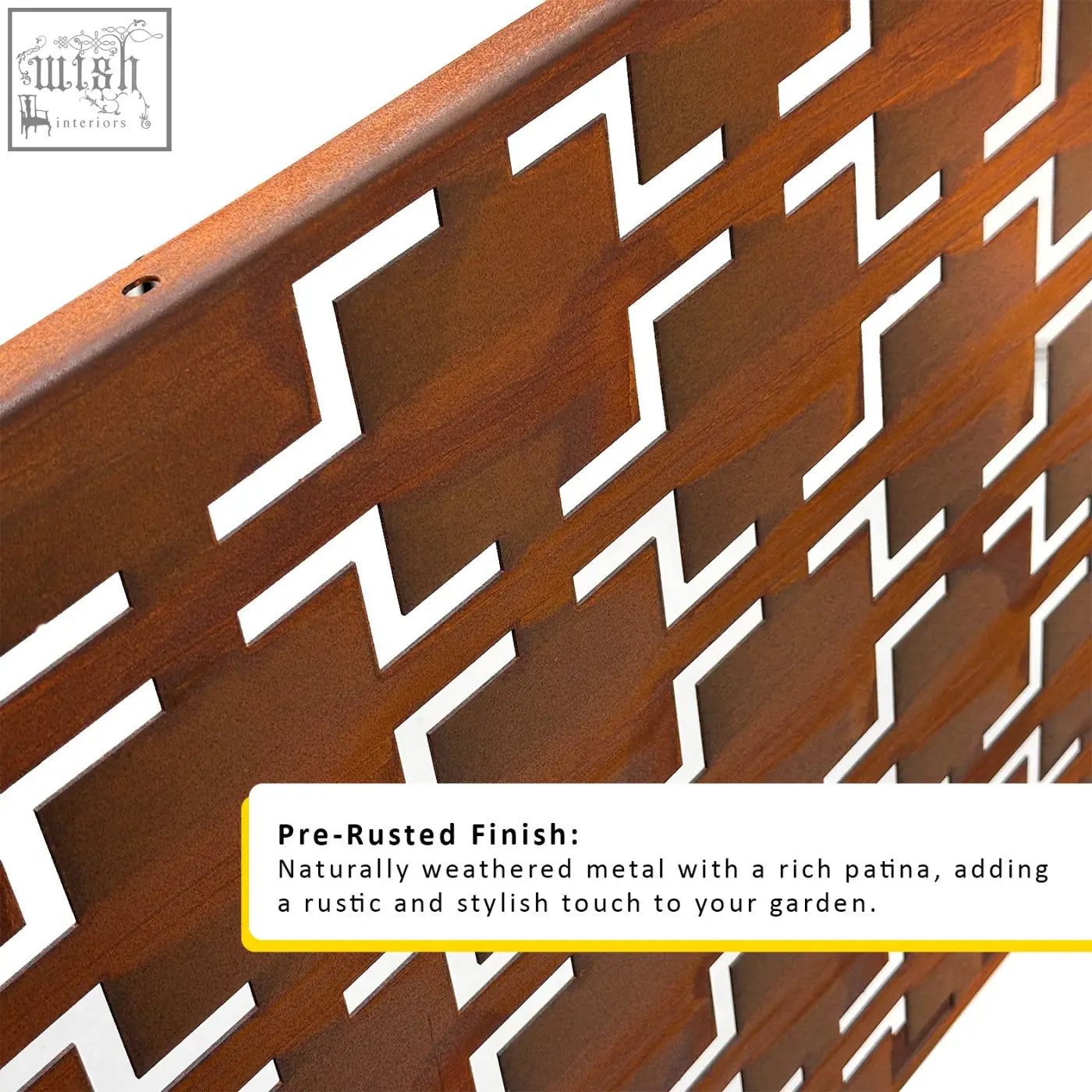 Rustic pre-rusted metal indoor outdoor privacy screen with zigzag cutouts and stand 120cm x 180cm