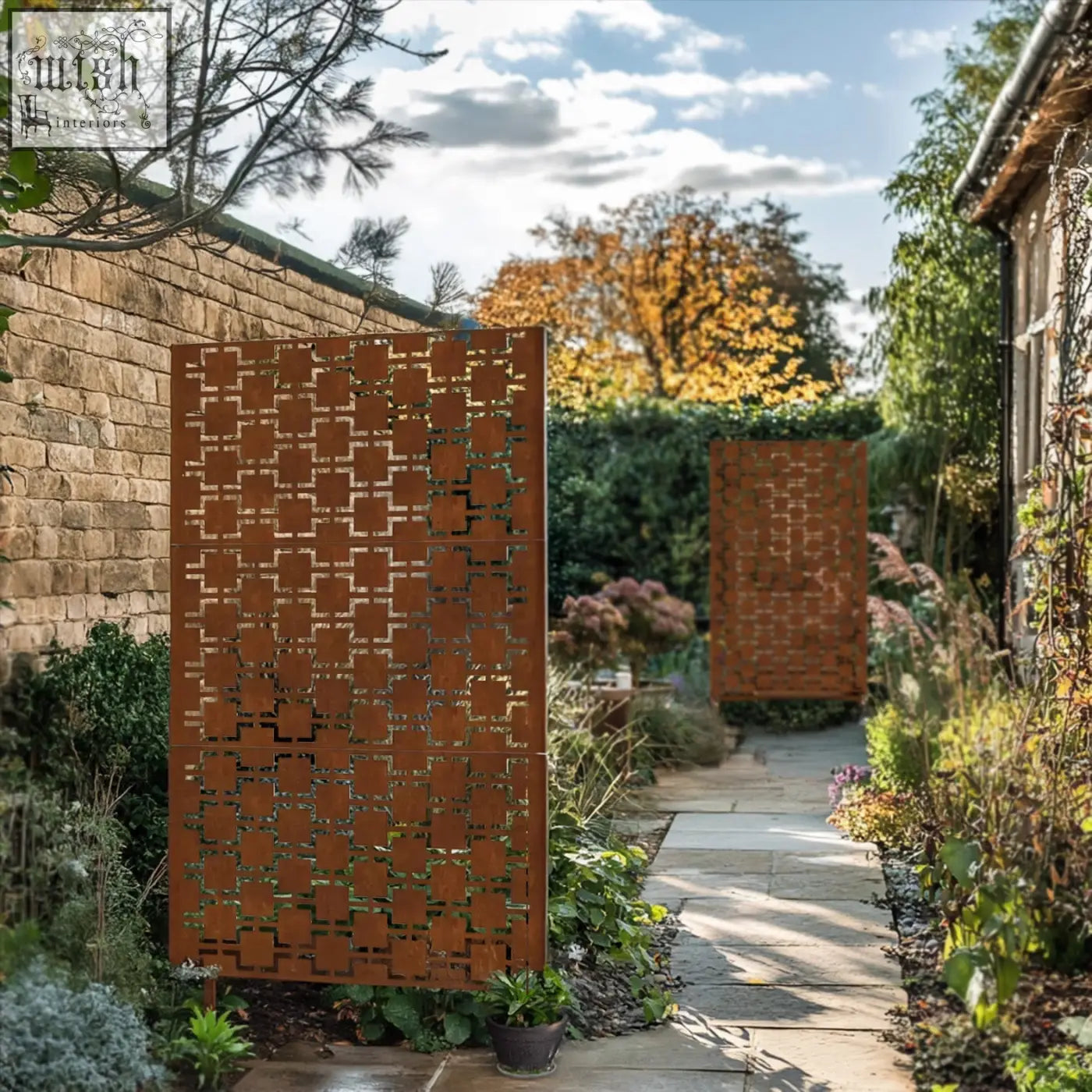 Rust-colored corten steel metal indoor outdoor privacy screen with geometric square cutout pattern and stand 120cm x 180cm
