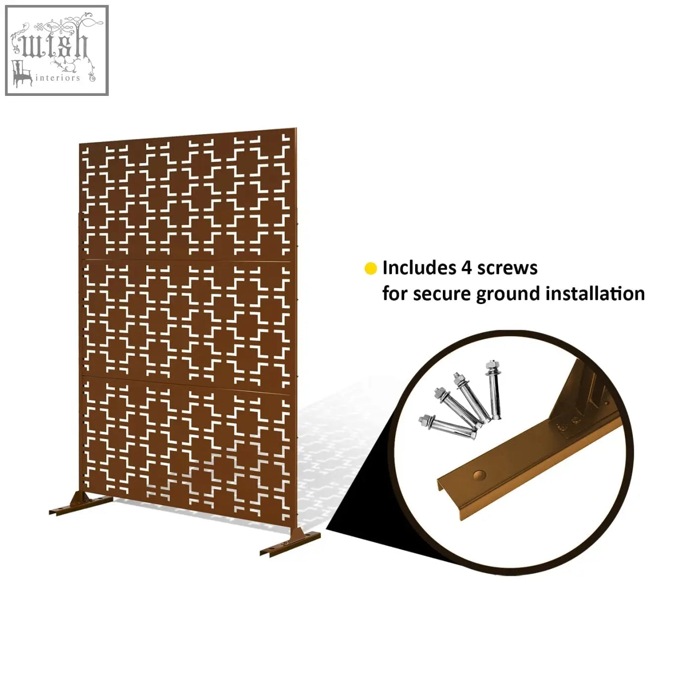 Brown metal indoor outdoor privacy screen with geometric squares pattern and stand 120cm x 180cm