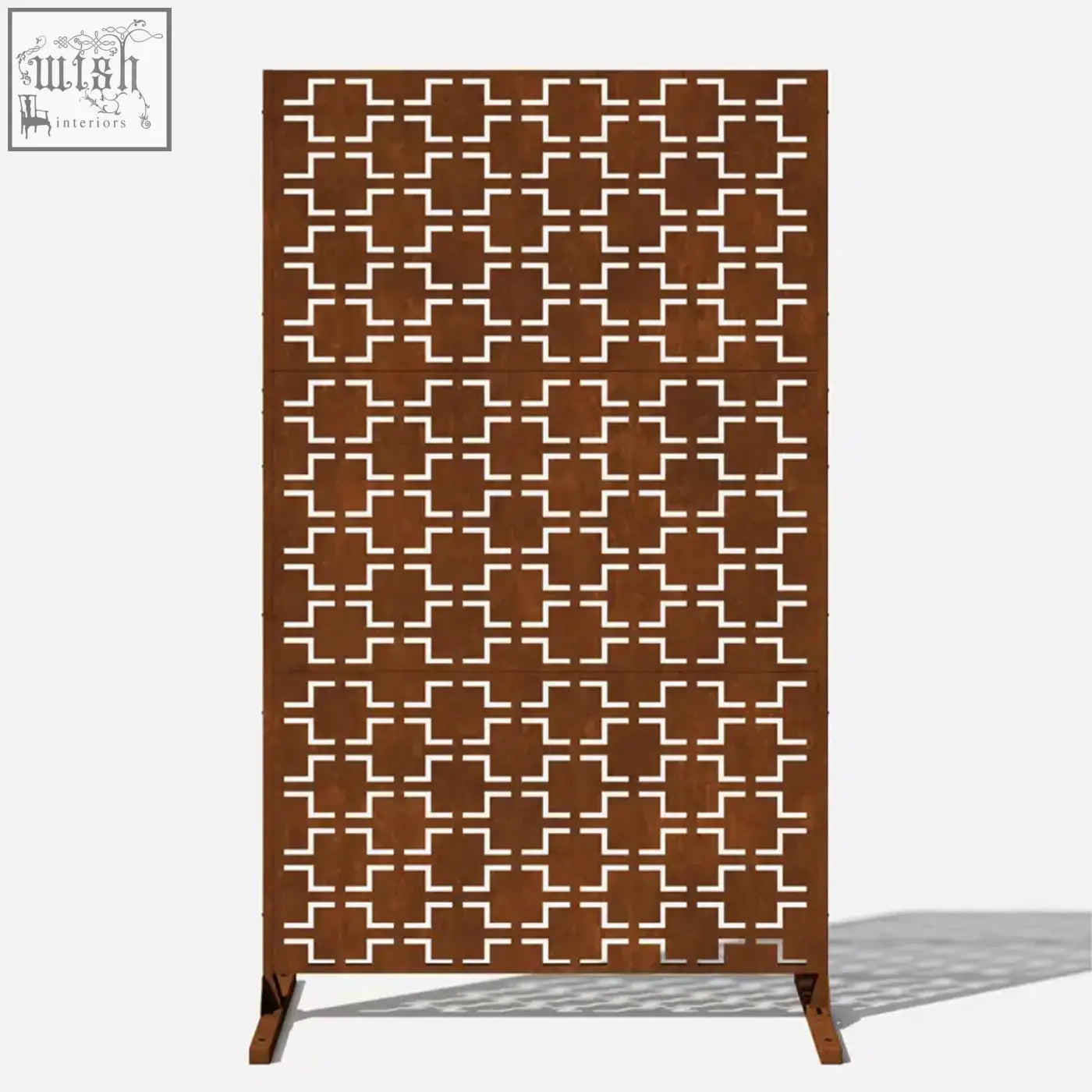 Rust-colored metal indoor outdoor privacy screen with geometric square cutout pattern and stand 120cm x 180cm