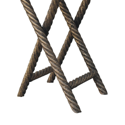 Bronze finished rope wrapped metal table legs with twisted design on metallic rope side table with mango wood top