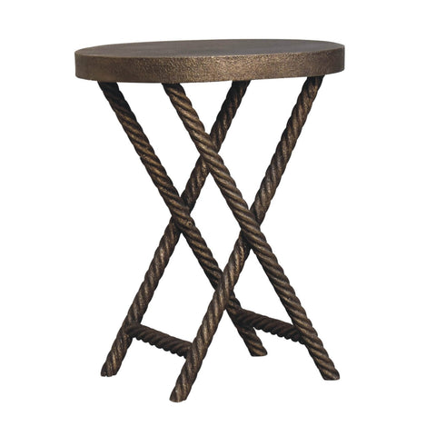 Bronze finished metallic rope side table with textured circular top and twisted metal legs featuring mango wood accents