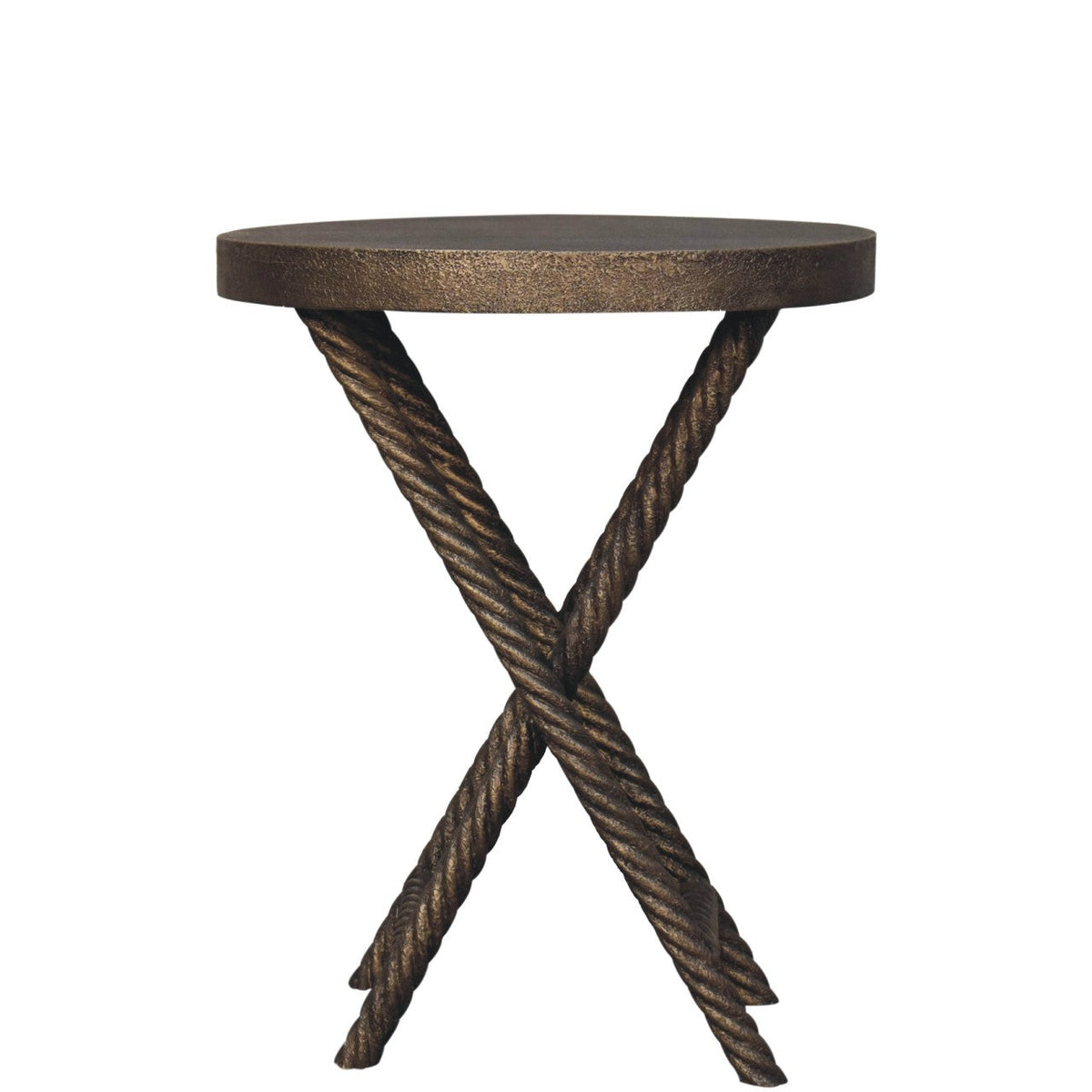 Bronze-finished rope-textured side table with mango wood top and crossed iron legs accent piece for living rooms