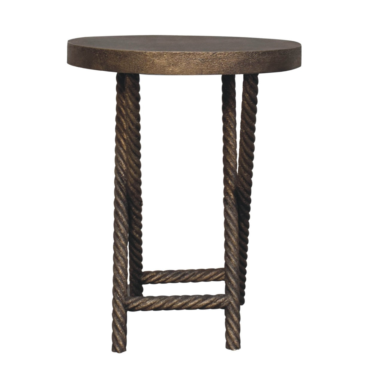 Bronze-finished metallic rope side table with round top and twisted iron legs featuring mango wood accents