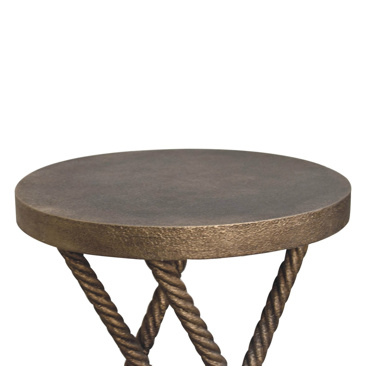 Bronze-finished metallic rope side table with rustic mango wood top and twisted iron legs for accent decor
