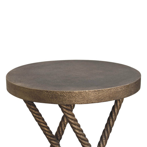 Bronze-finished metallic rope side table with rustic mango wood top and twisted iron legs for accent decor