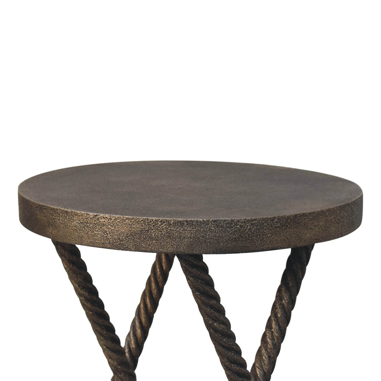 Bronze finished round metallic rope side table with rustic textured top and mango wood iron twisted legs