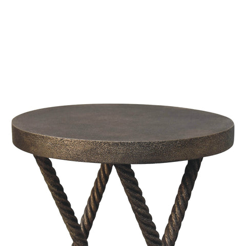 Bronze finished round metallic rope side table with rustic textured top and mango wood iron twisted legs