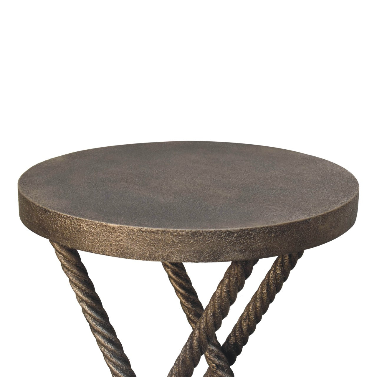 Bronze finished metallic rope side table with textured stone top and mango wood legs perfect for accent decor