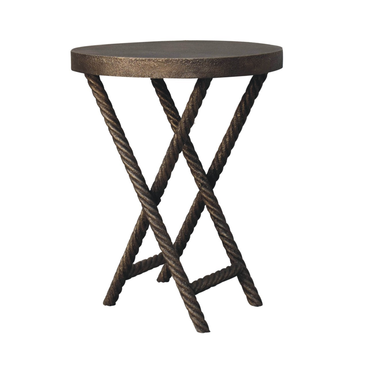 Dark bronze metallic rope side table with twisted legs and round mango wood top perfect as an accent piece