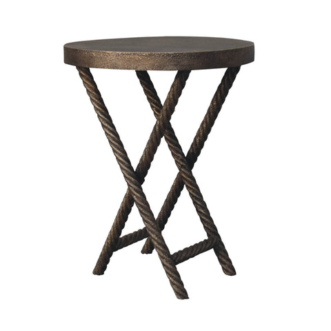 Dark bronze metallic rope side table with twisted legs and round mango wood top perfect as an accent piece