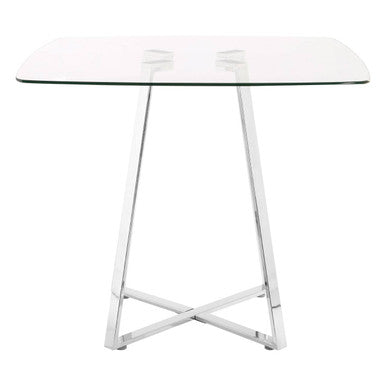 Modern metropolitan square dining table with a glass top and sleek chrome x-shaped metal legs perfect for dining rooms