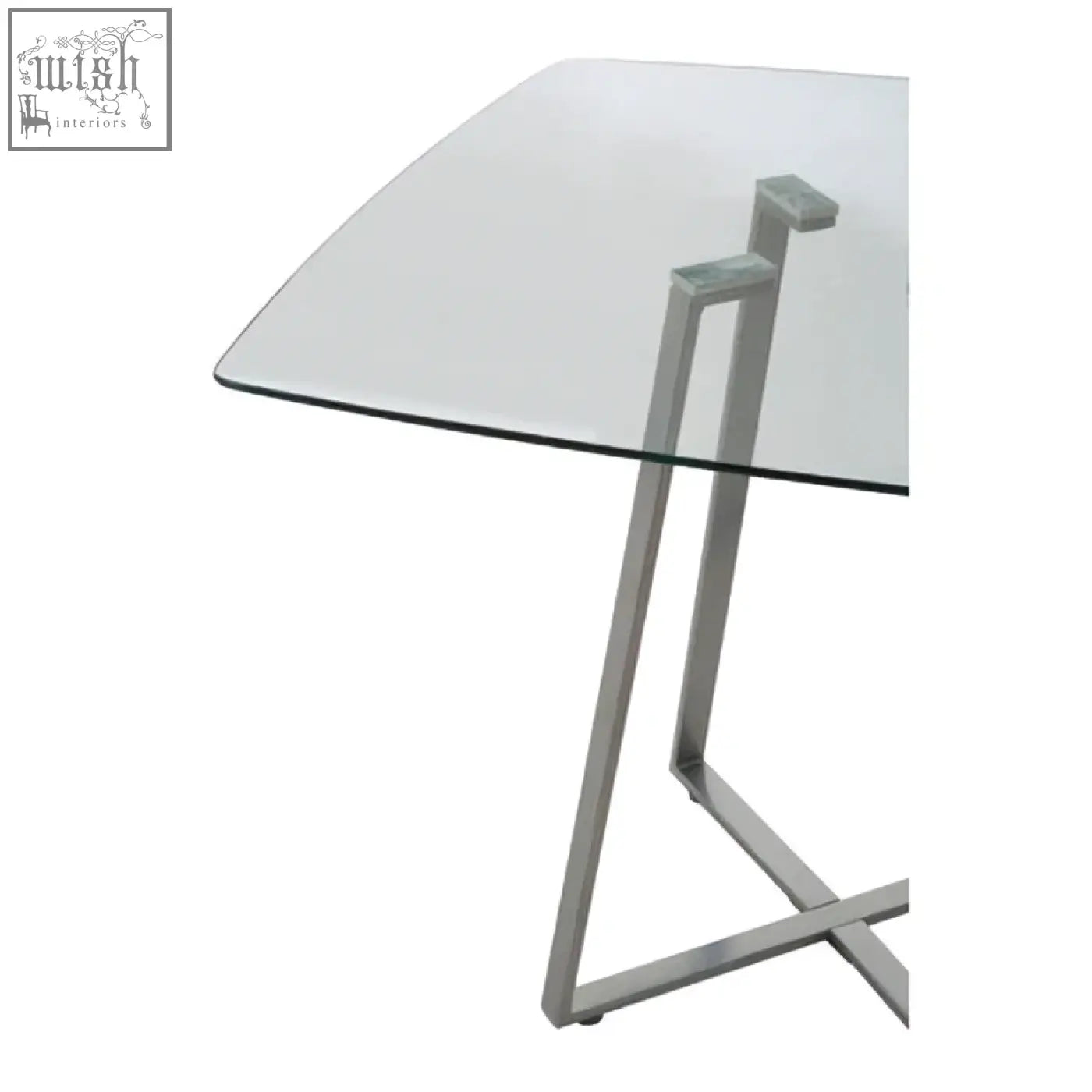 Modern glass-top metropolitan square matte grey dining table with sleek chrome-finished metal legs