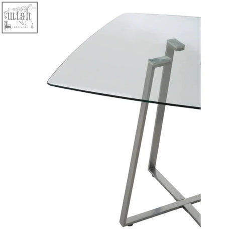 Modern glass-top metropolitan square matte grey dining table with sleek chrome-finished metal legs