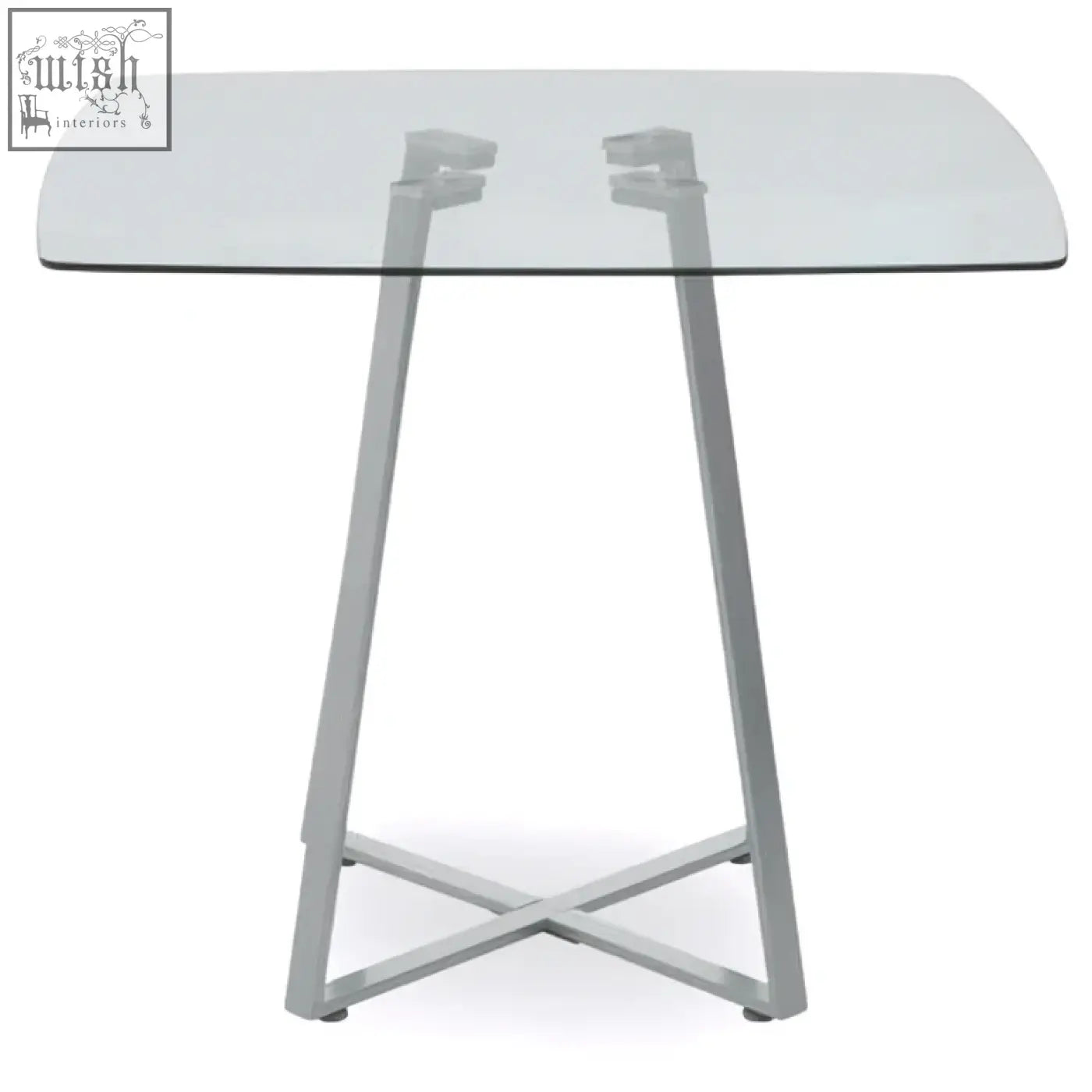 Modern minimalist metropolitan square matte grey dining table with clear glass top and silver x-shaped metal legs