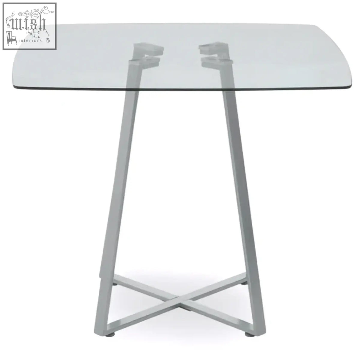 Modern minimalist metropolitan square matte grey dining table with clear glass top and silver x-shaped metal legs