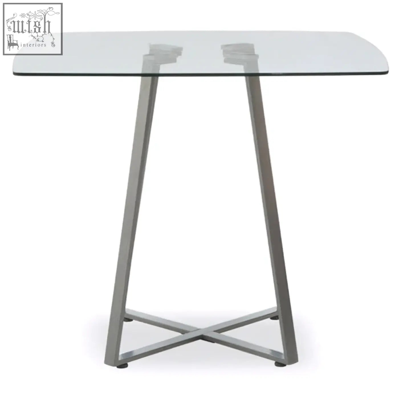 Modern rectangular metropolitan square matte grey dining table with glass top and sleek silver x-shaped metal legs