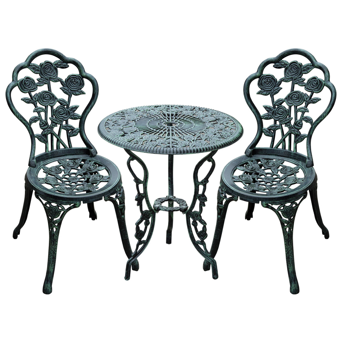 Outsunny Cast Aluminium Outdoor Patio Garden Bistro Elegant Design Table Chair Set - Green (3-Piece)