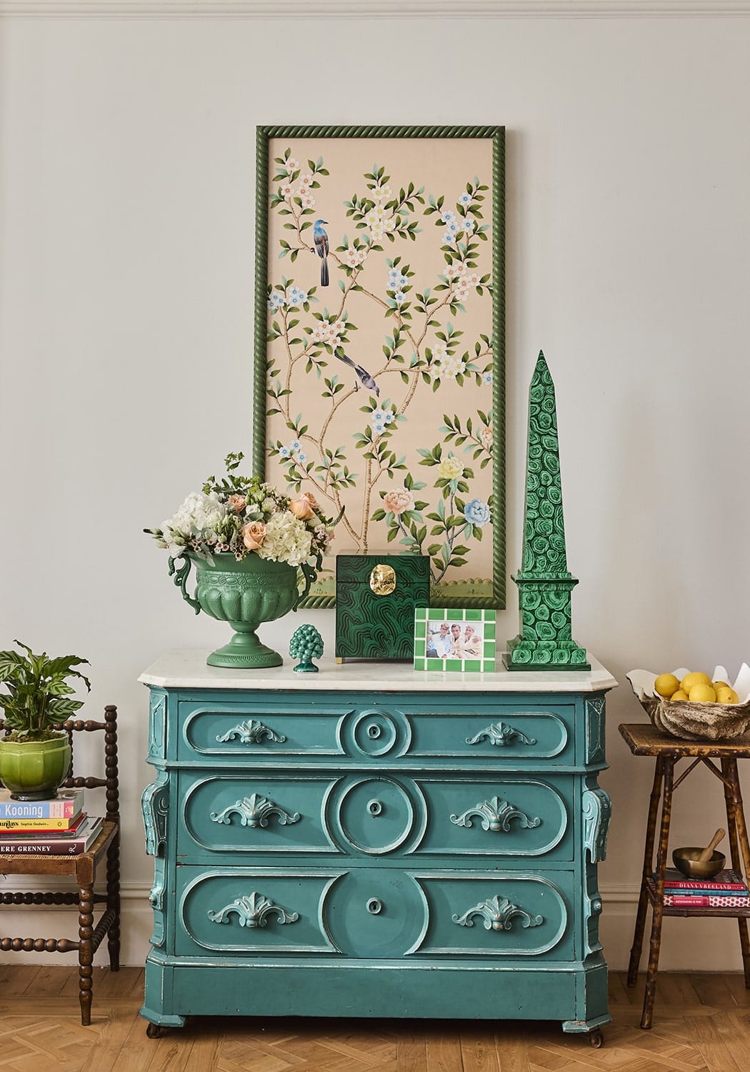 Teal painted antique style dresser with ornate carved handles and circular drawer pulls in mia emerald mosaic frame 6x4