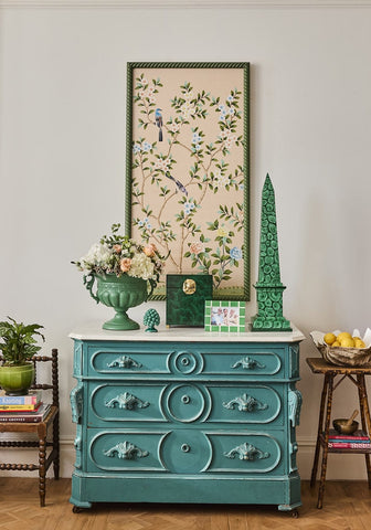 Teal painted antique style dresser with ornate carved handles and circular drawer pulls in mia emerald mosaic frame 6x4