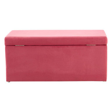 Mia pink velvet kids ottoman featuring a smooth pink velvet finish with subtle stitching on a storage bench
