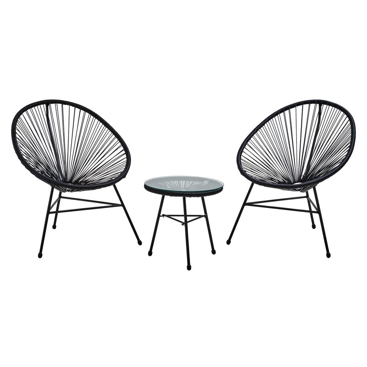 Miami black rattan 3 piece patio set with black woven fiber chairs and glass top side table with metal legs