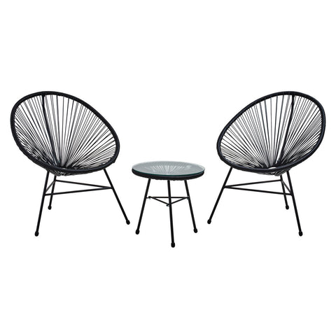 Miami black rattan 3 piece patio set with black woven fiber chairs and glass top side table with metal legs